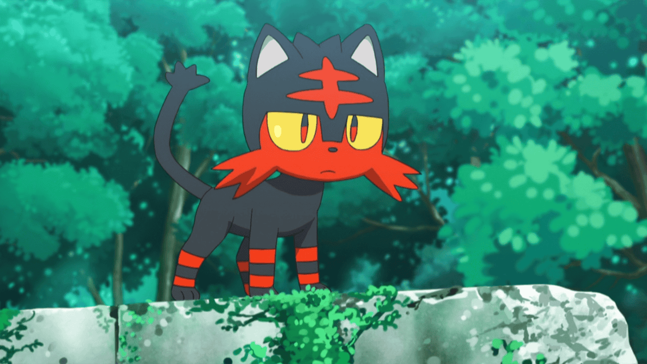 Litten, a sleek black-and-red kitten-like Pokémon