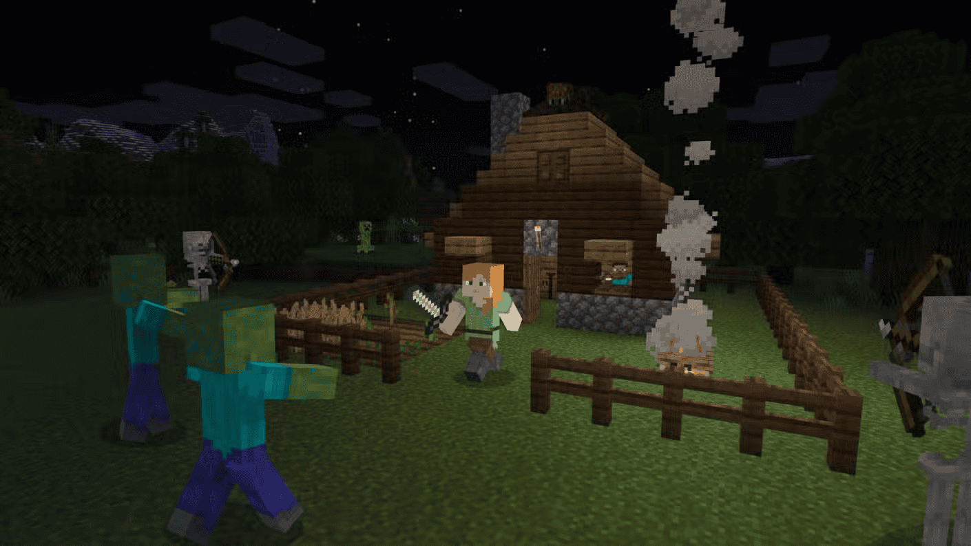 Minecraft blocky landscape with player-built structures