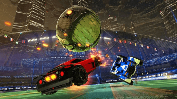 Rocket League cars colliding on the pitch
