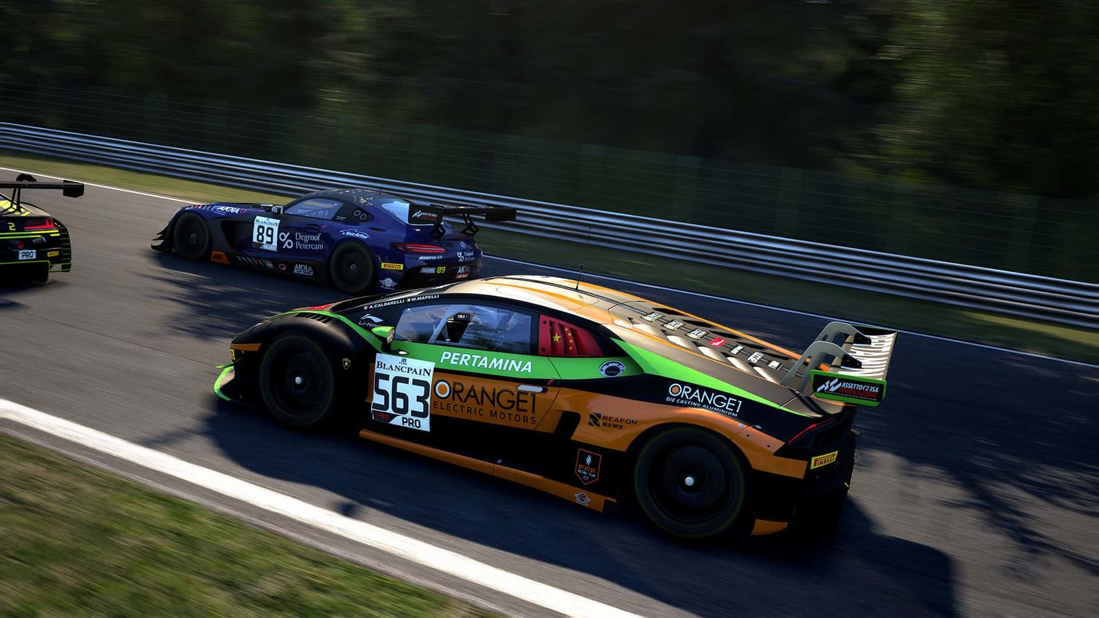 GT3 car racing at dusk in Assetto Corsa Competizione