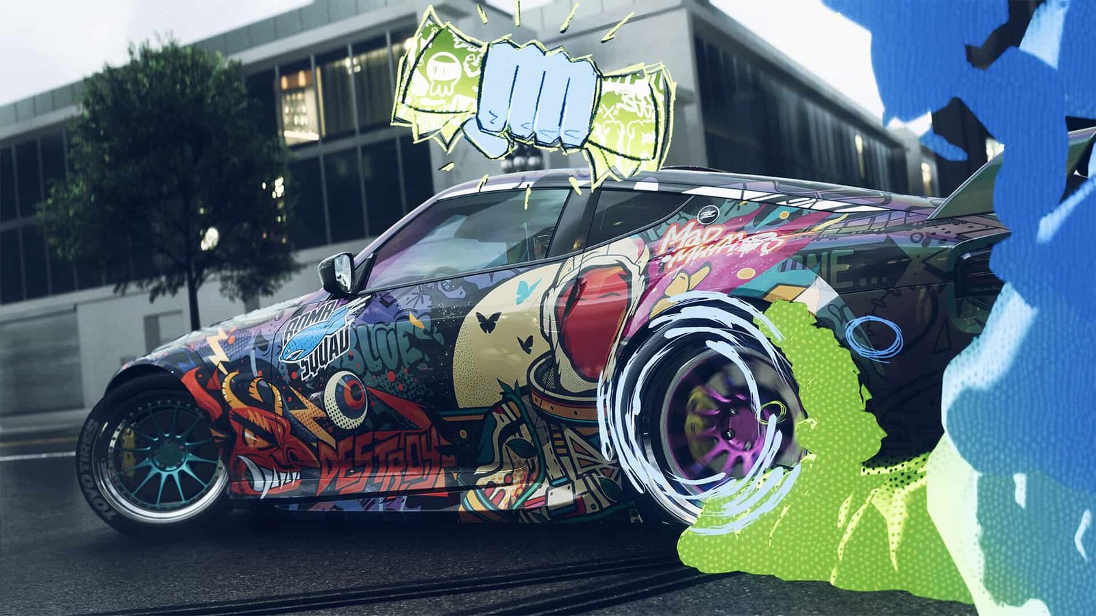 Stylized street racing scene from Need for Speed Unbound