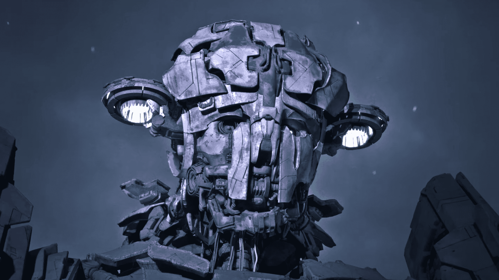 A young figure climbing a towering robot in a wasteland