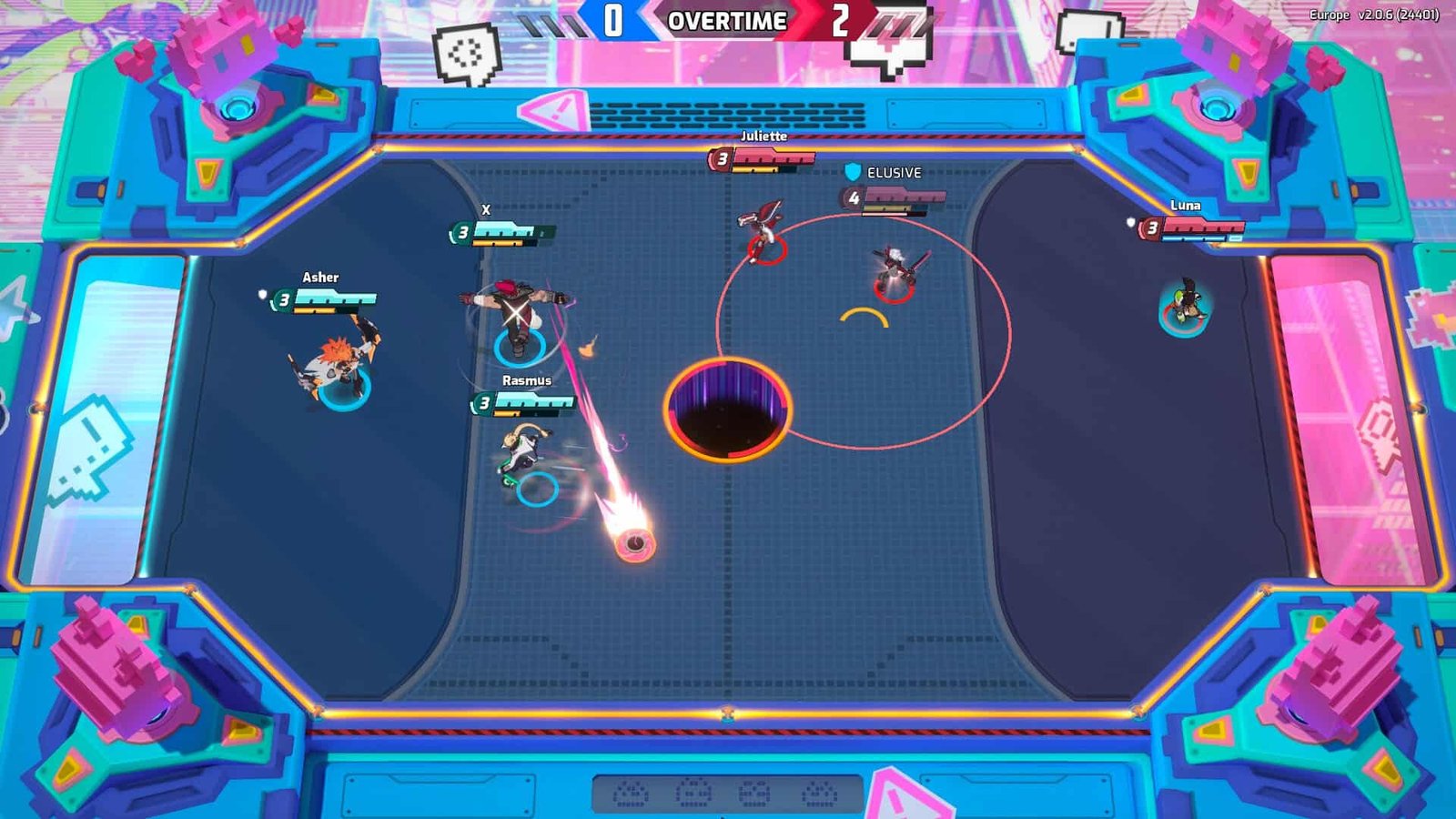 Gameplay capture of arena match with puck and abilities