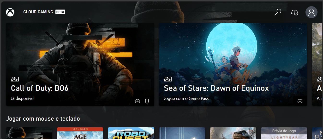 Screenshot of the Xbox Cloud Gaming web interface on a PC