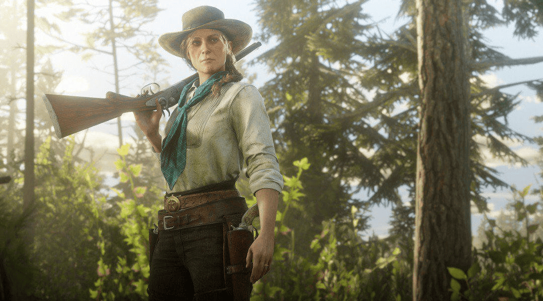 Sadie Adler riding at full gallop with pistols drawn