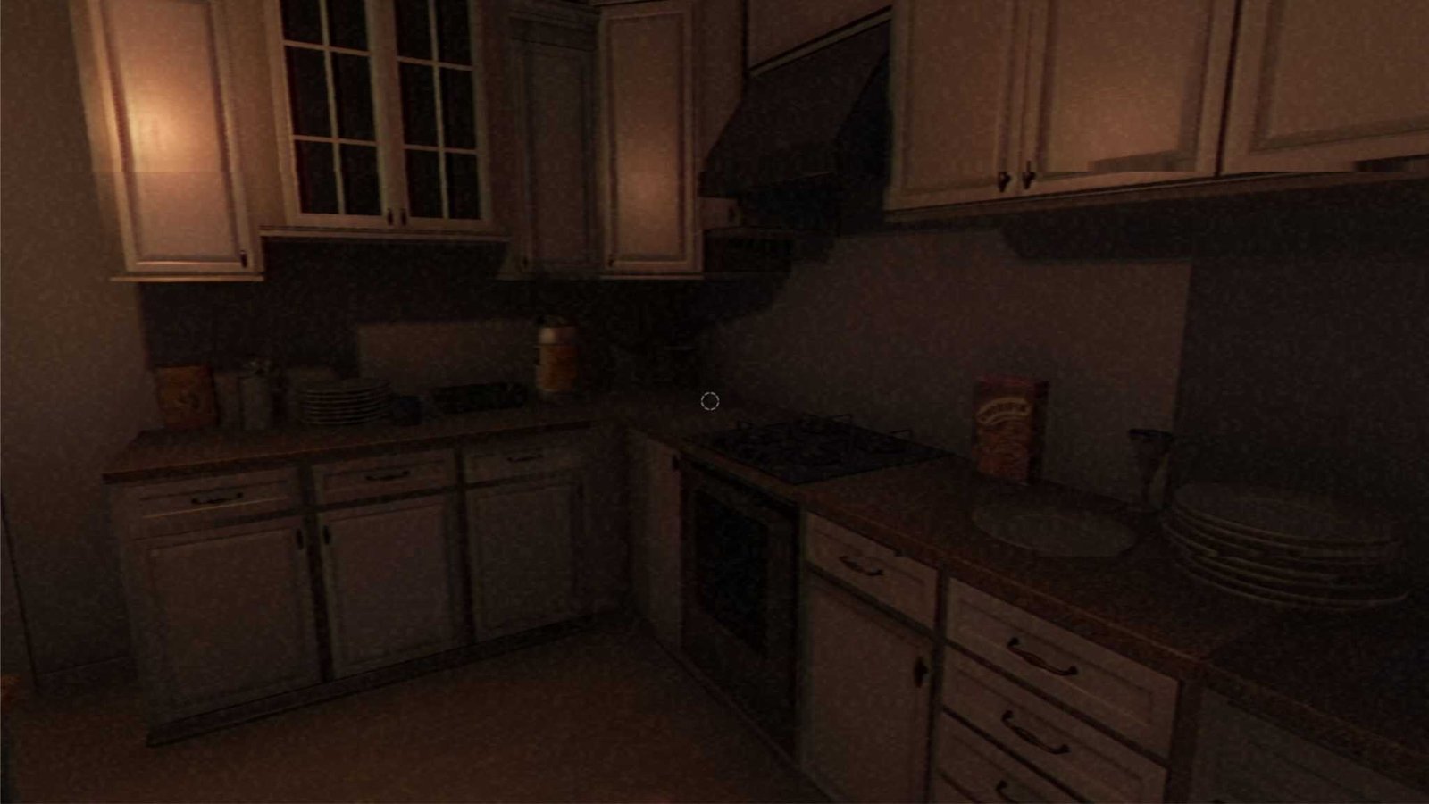 Dark hallway inside a house, lit by a single lamp
