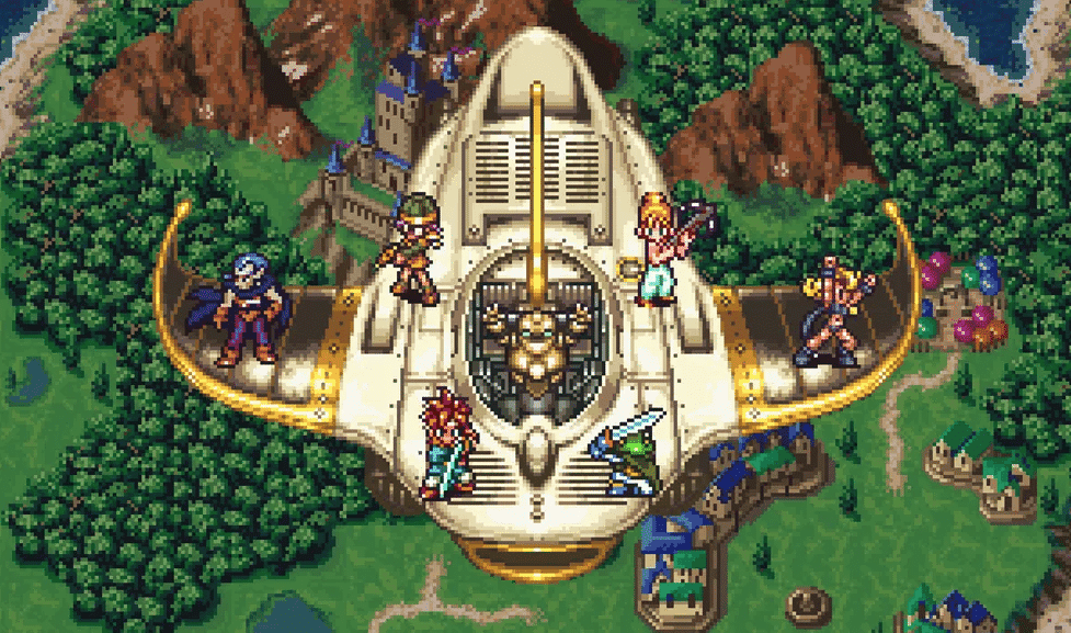 Chrono Trigger characters standing across multiple eras