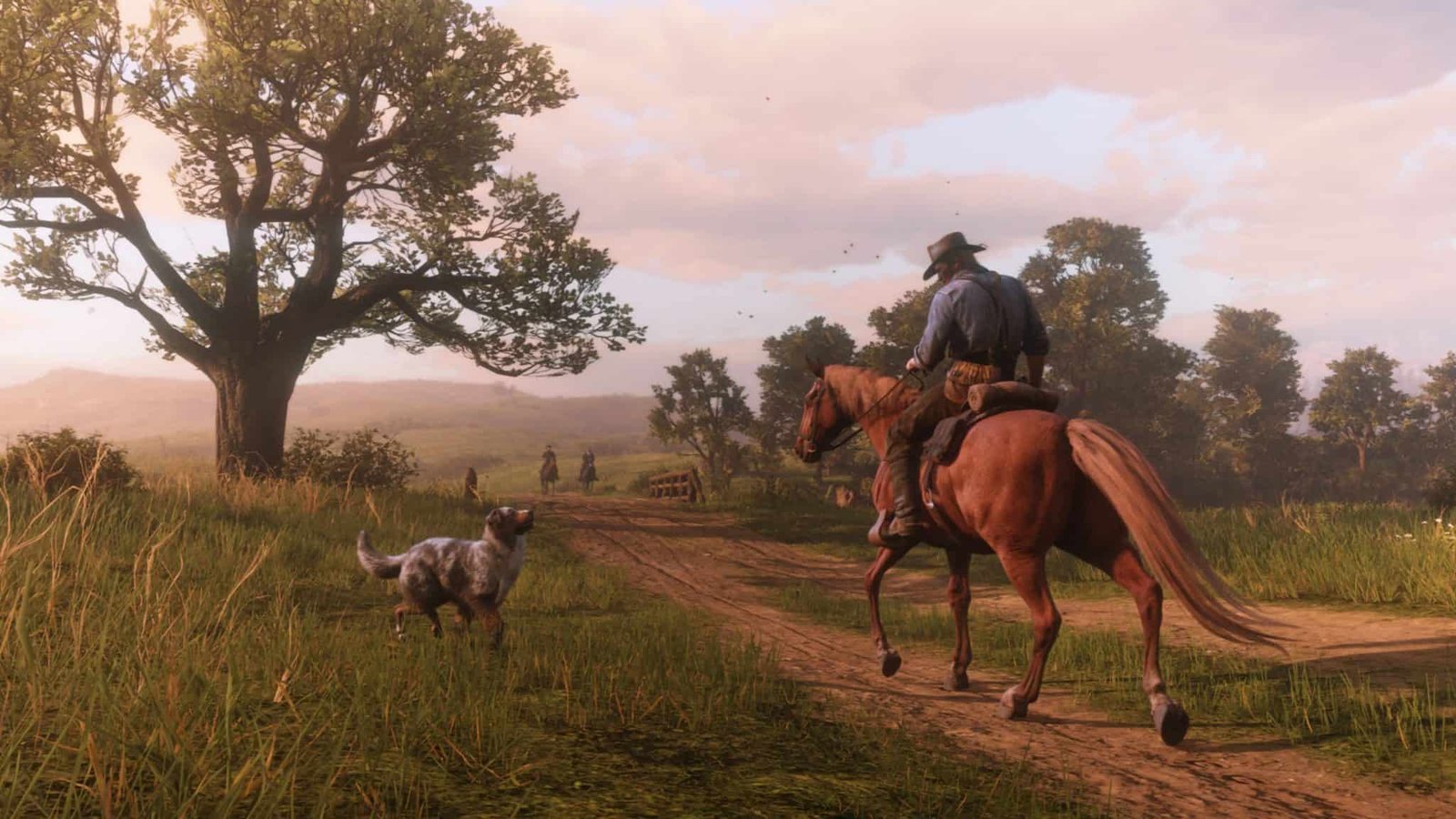 Arthur Morgan riding through a foggy frontier landscape