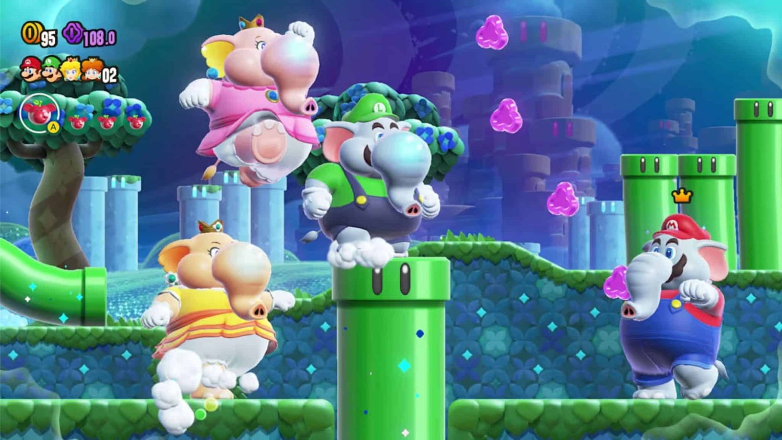 Mario and friends running through a side-scrolling level in Super Mario Bros. Wonder