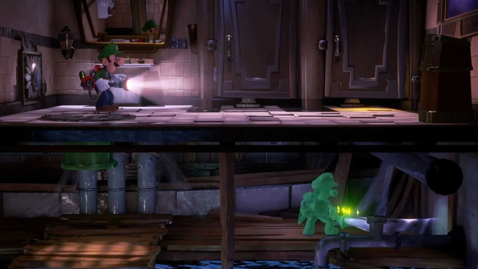 Luigi and Gooigi working together in a haunted hotel corridor