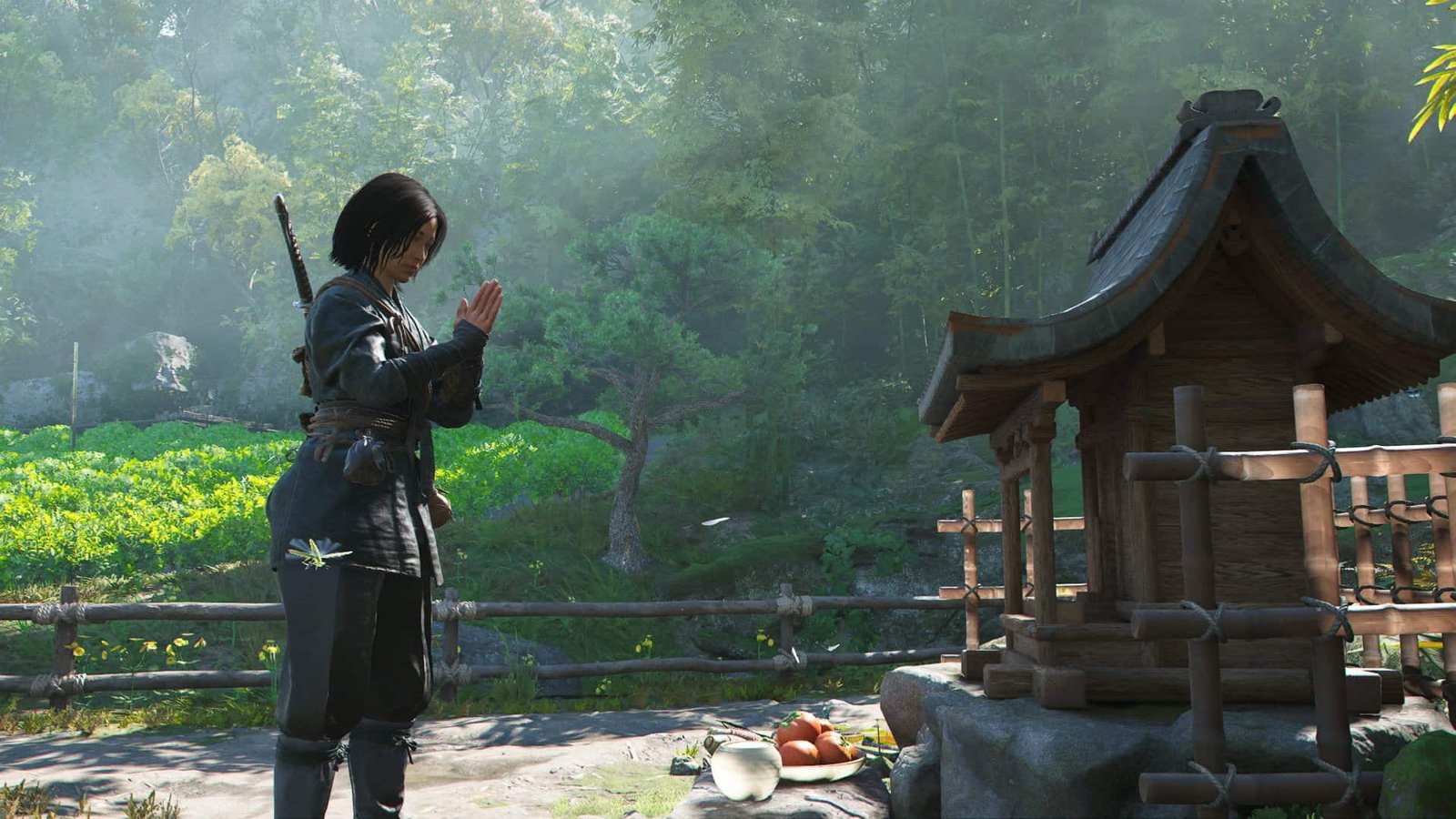 Photomode image of a character praying at a shrine