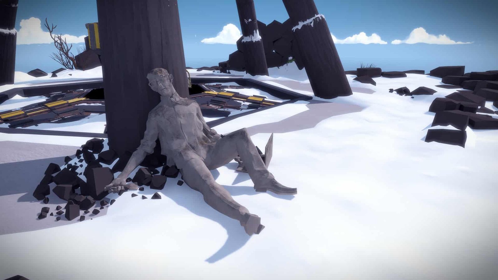 A lone explorer studies a series of line puzzles on a sunlit island