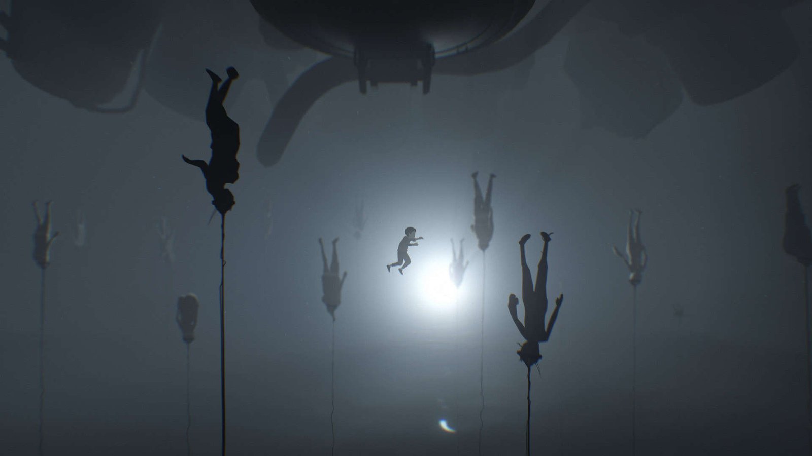 A silhouette of a boy navigating a dark, minimalist environment