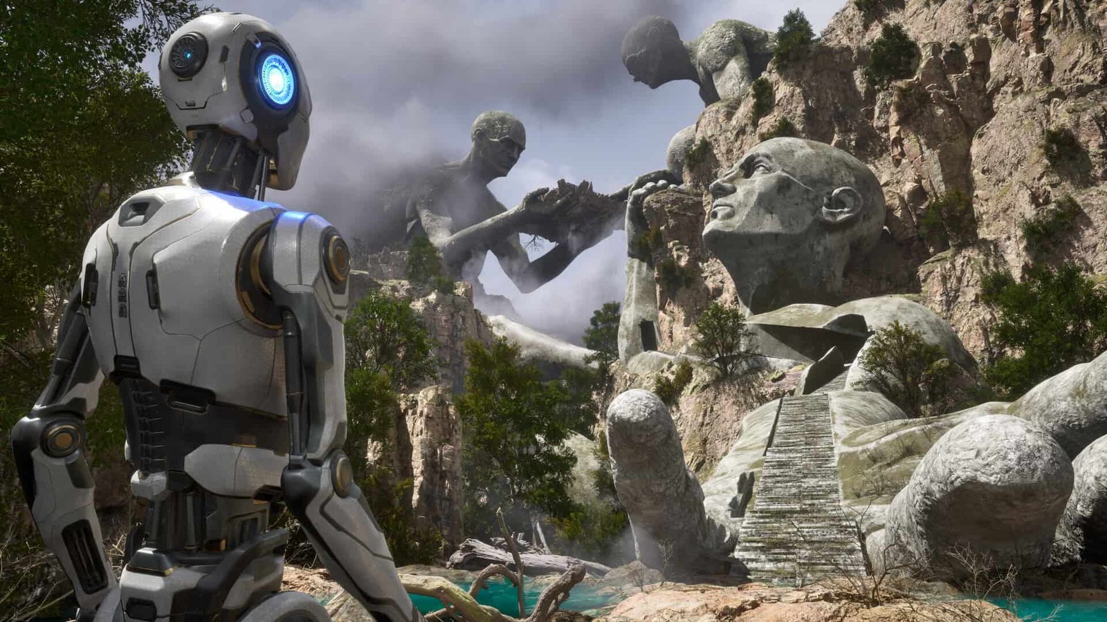 A contemplative android amid ruined structures and puzzle elements