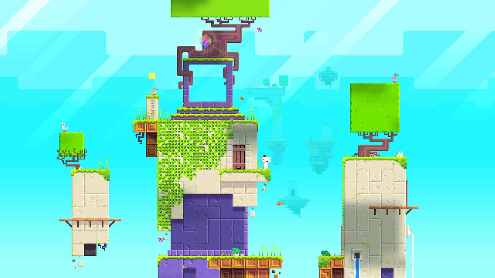 A character wearing a red fez rotates a blocky environment