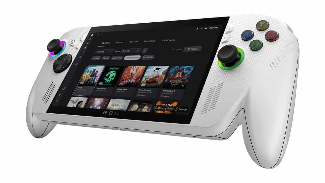 ROG Xbox Ally 2025 handheld console angled to show controls and OLED screen