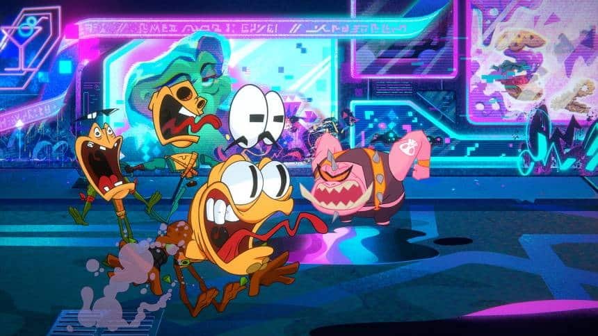 Battletoads characters celebrating in a city scene