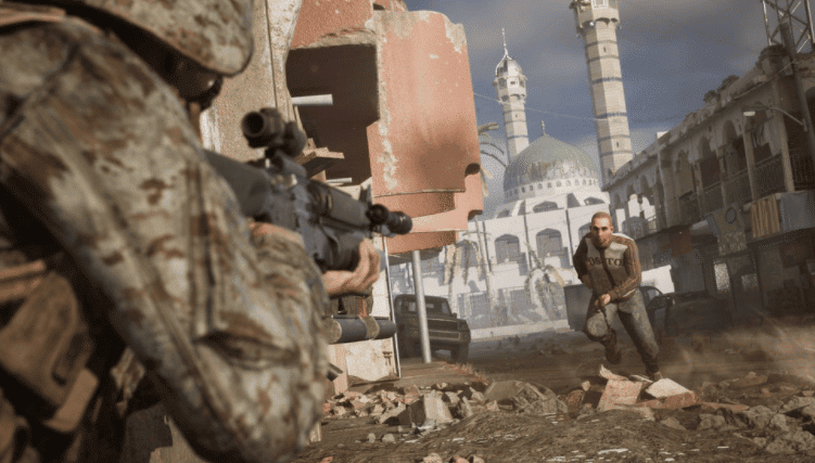 In-game shot of urban destruction and combat in Six Days in Fallujah