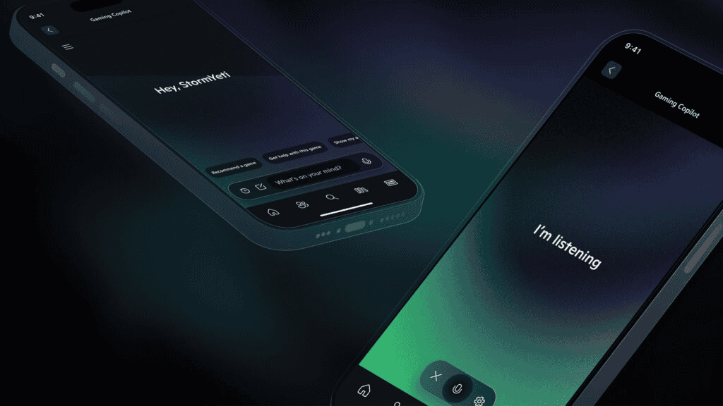Gamer using Xbox Mobile with Copilot suggestions and tips