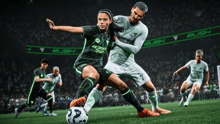 EA Sports FC 25 gameplay scene with stadium in background