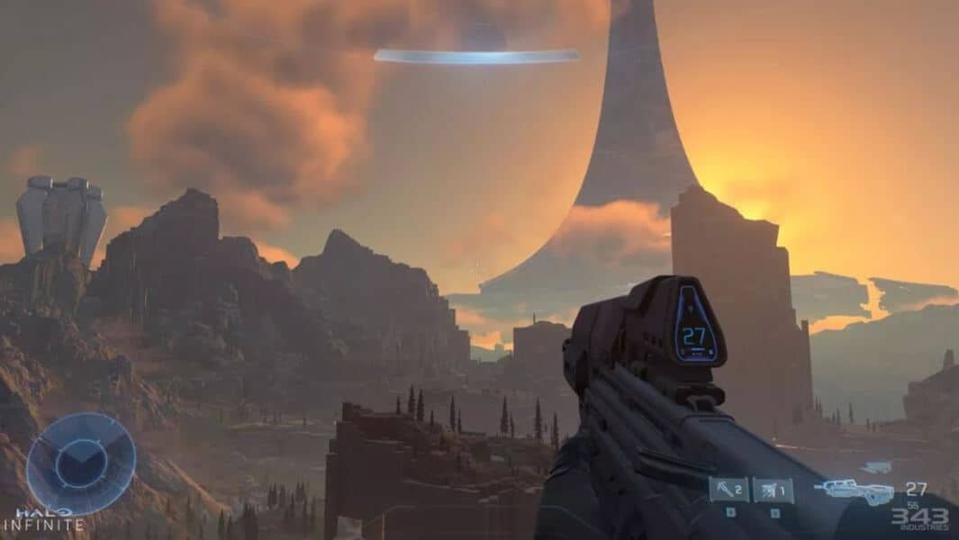 Halo Infinite landscape with Warthog and Banished forces