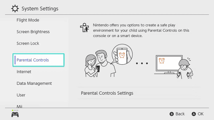 parental controls screen on a Nintendo Switch