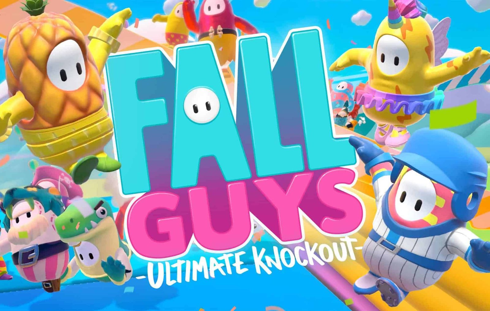 Colorful Fall Guys characters competing on an obstacle course