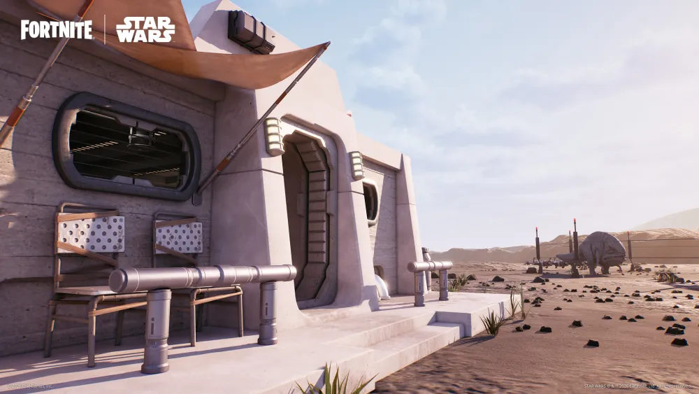 Players explore a Fortnite island built with The Mandalorian and Grogu motifs