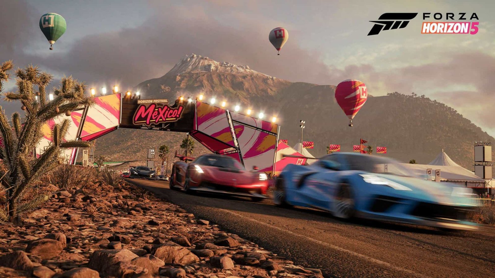 Forza Horizon 5 car driving past trees and buildings