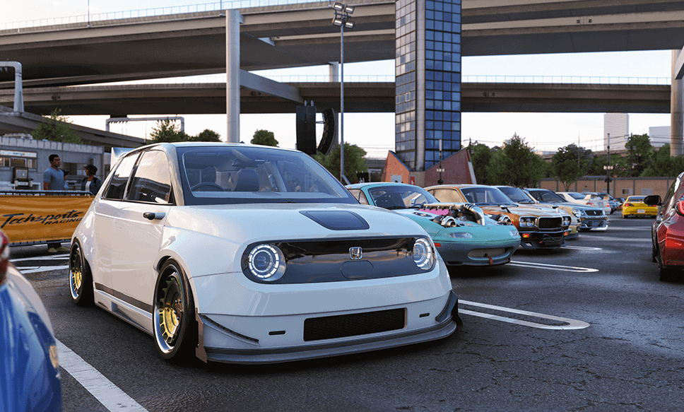 Forza Horizon 6 gameplay showing cars on a neon-lit Japanese road