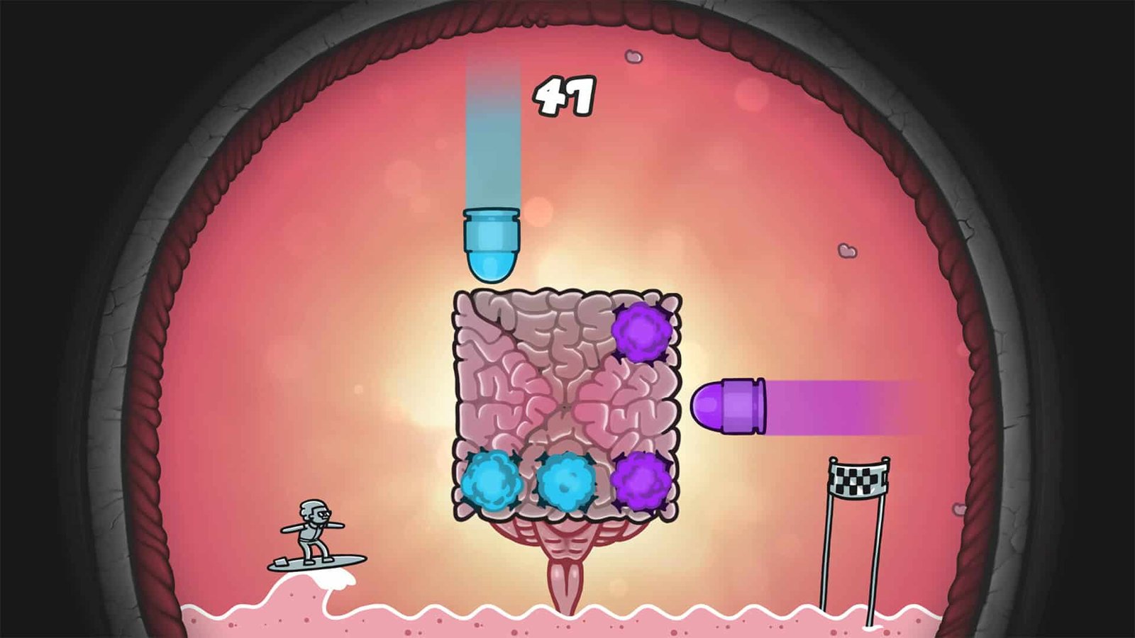 Mindcop mindsurf sequence with a rotatable brain puzzle and colored mental bullets