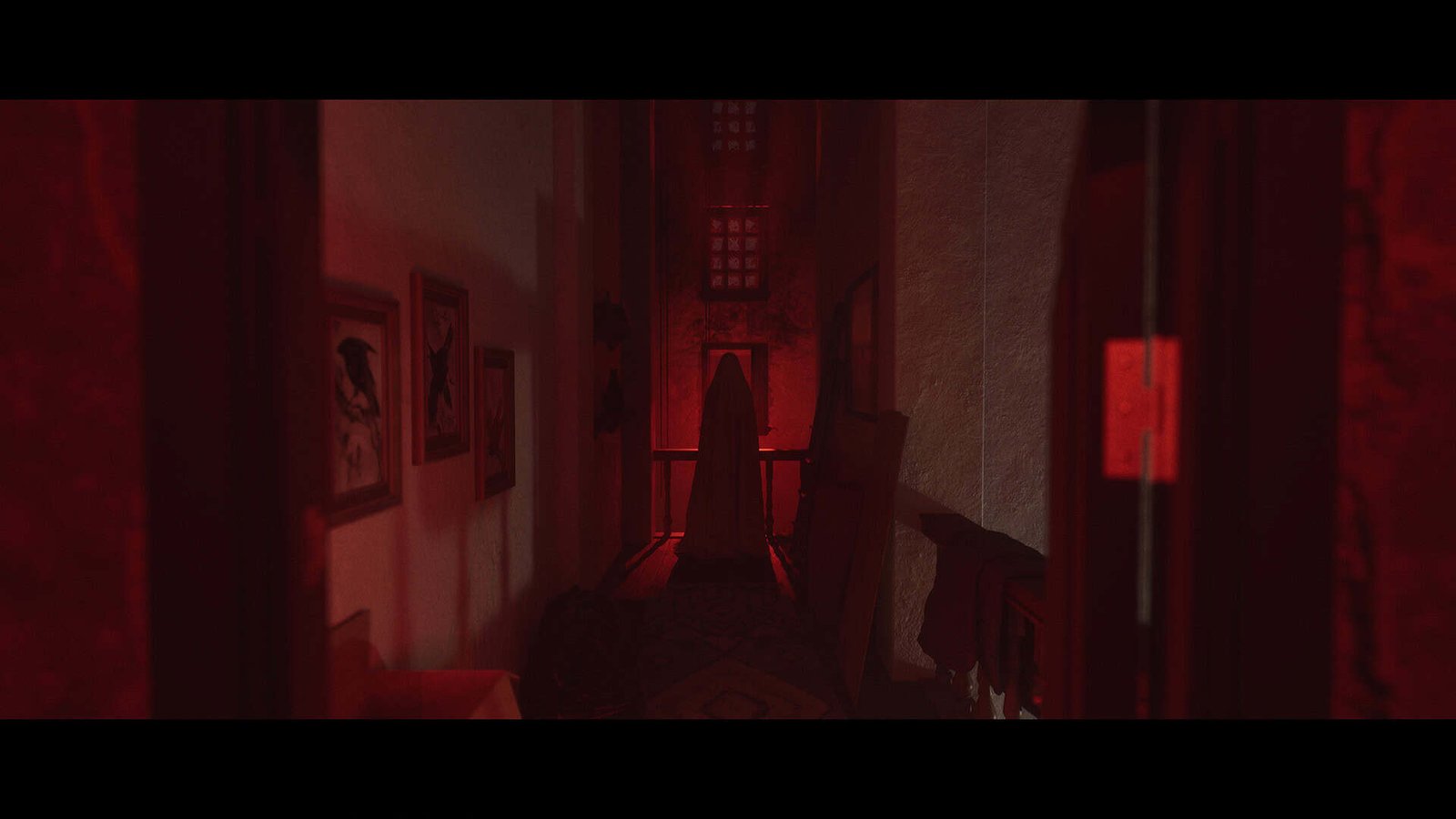 Surreal hallway scene from Luto with figures draped in sheets