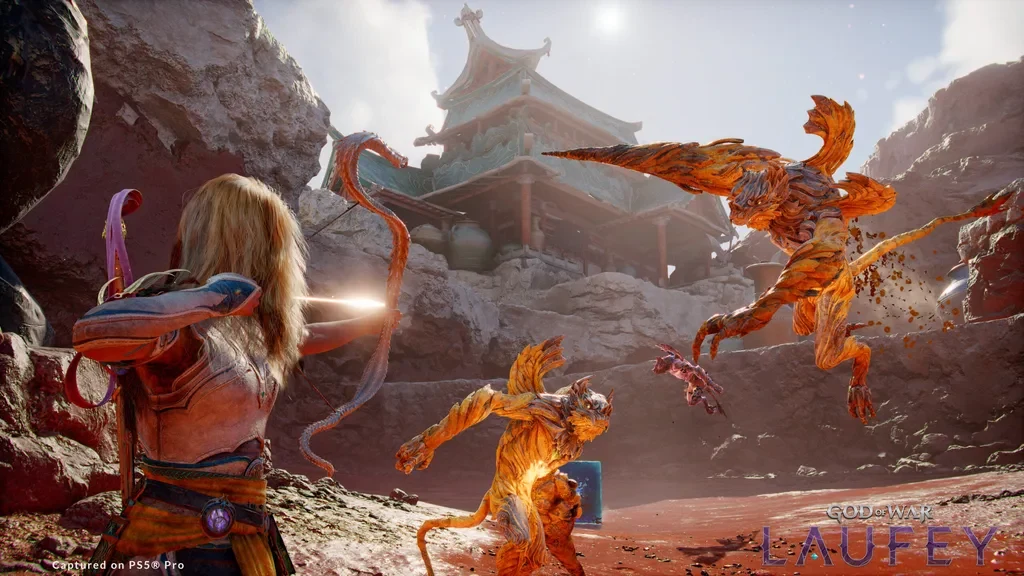 Close-up of Faye using the Serpent Bow in two firing modes