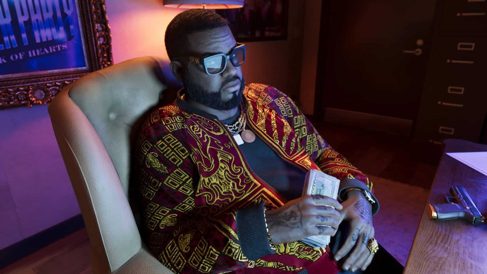 Promotional artwork for Grand Theft Auto 6 showing characters and cityscape