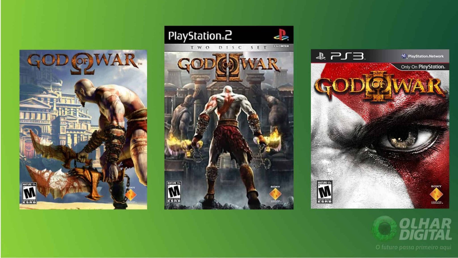 Box art montage of God of War (2005), God of War II (2007) and God of War III (2010)