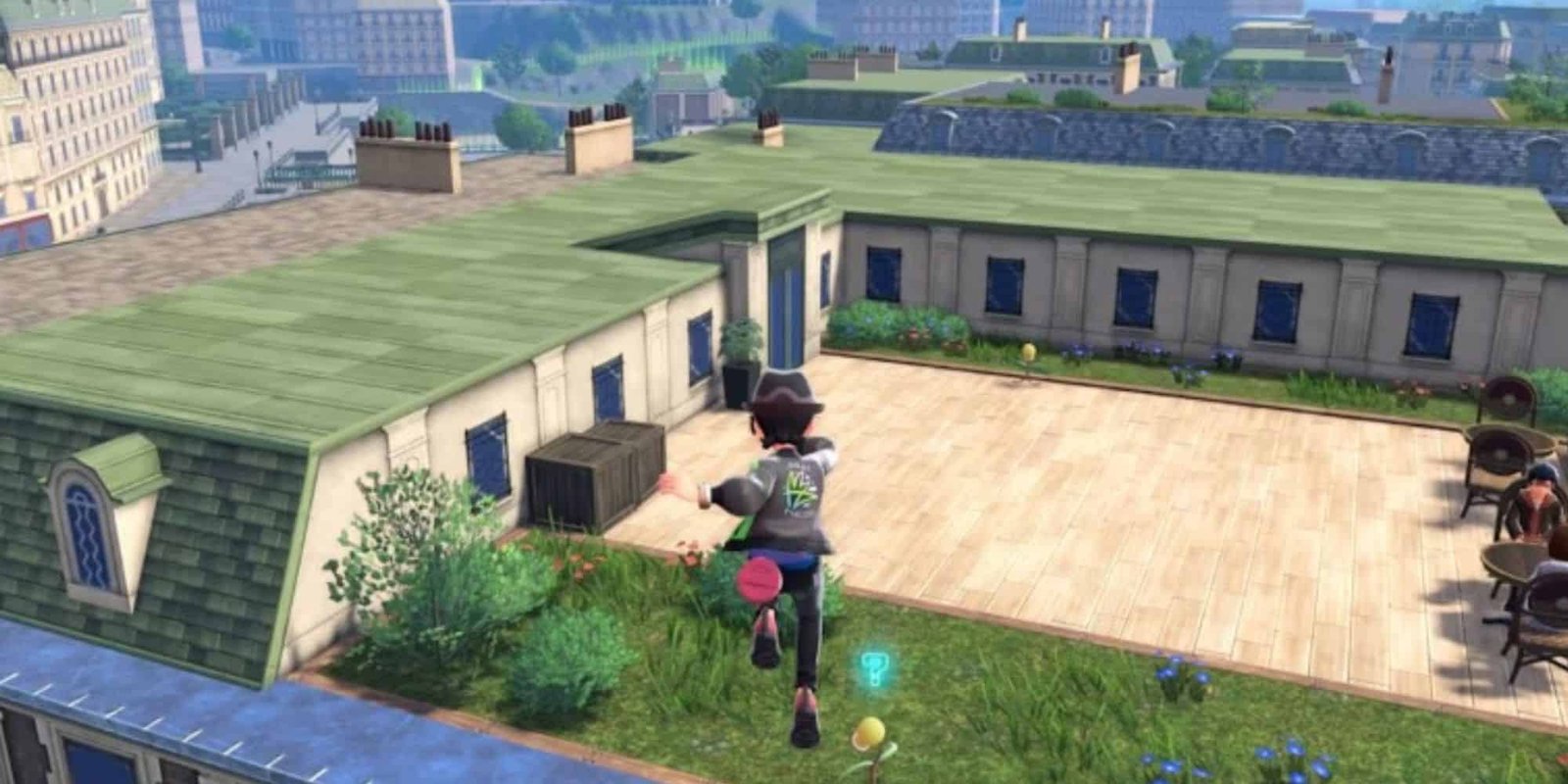 Kalos in-game landscape with trainers exploring an open area