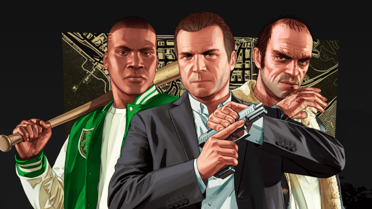 Three playable GTA V protagonists standing together in Los Santos