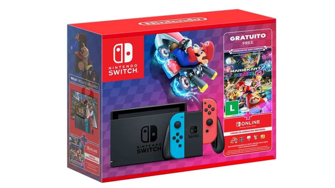 Nintendo Switch console with red and blue Joy‑Cons and Mario Kart 8 Deluxe digital code