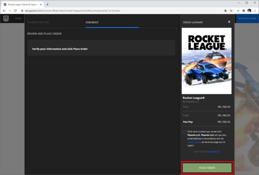 Epic Games checkout showing “Place Order”