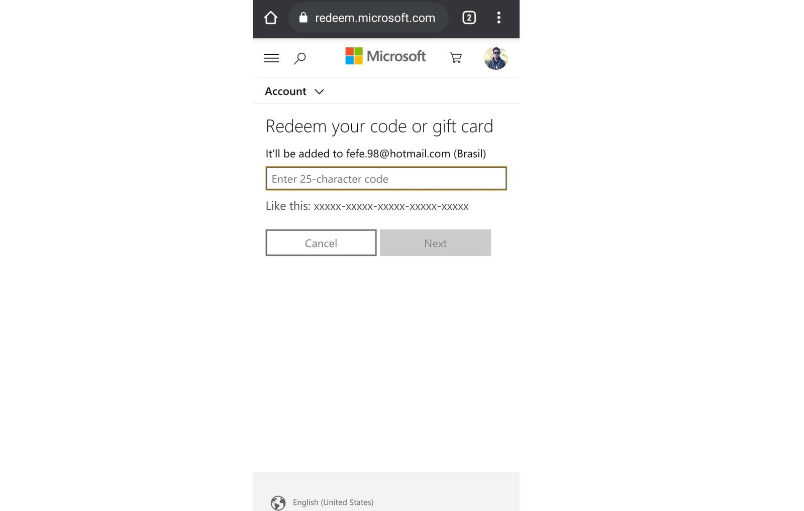 Mobile entry field to paste the 25-character Xbox gift card code