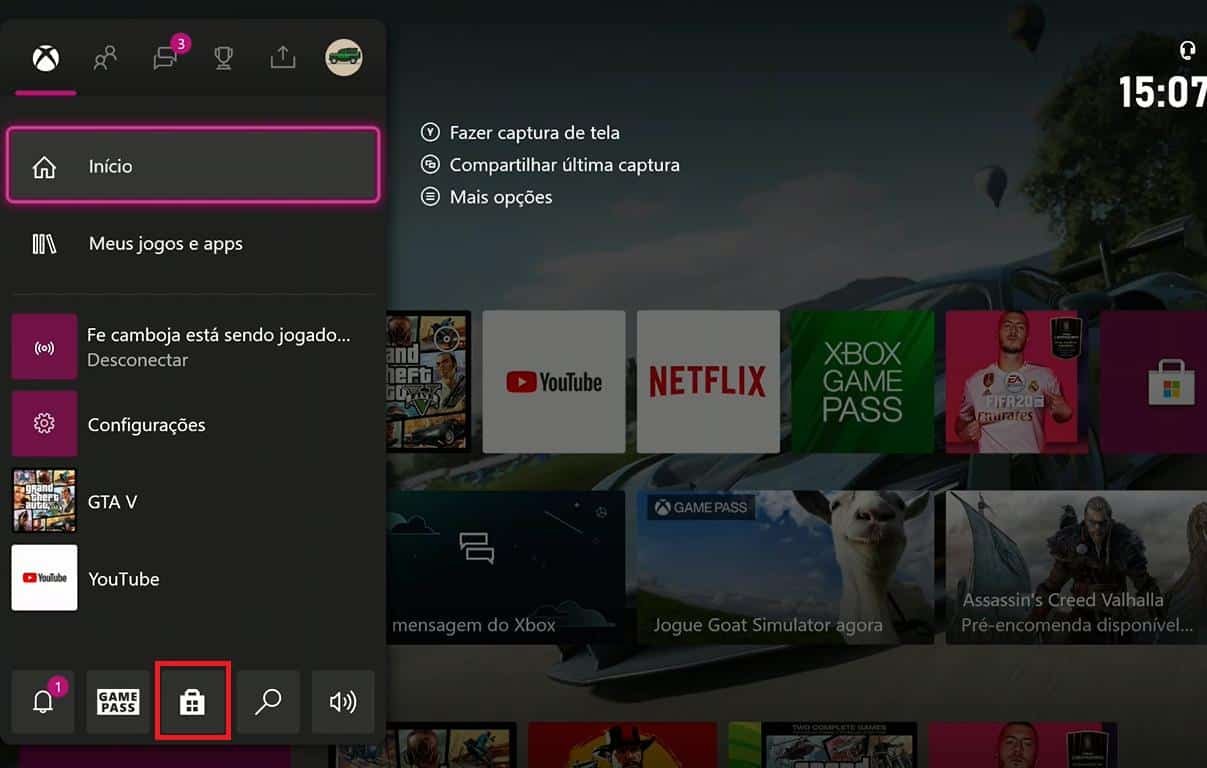 Xbox controller overlay with Microsoft Store icon highlighted on the dashboard
