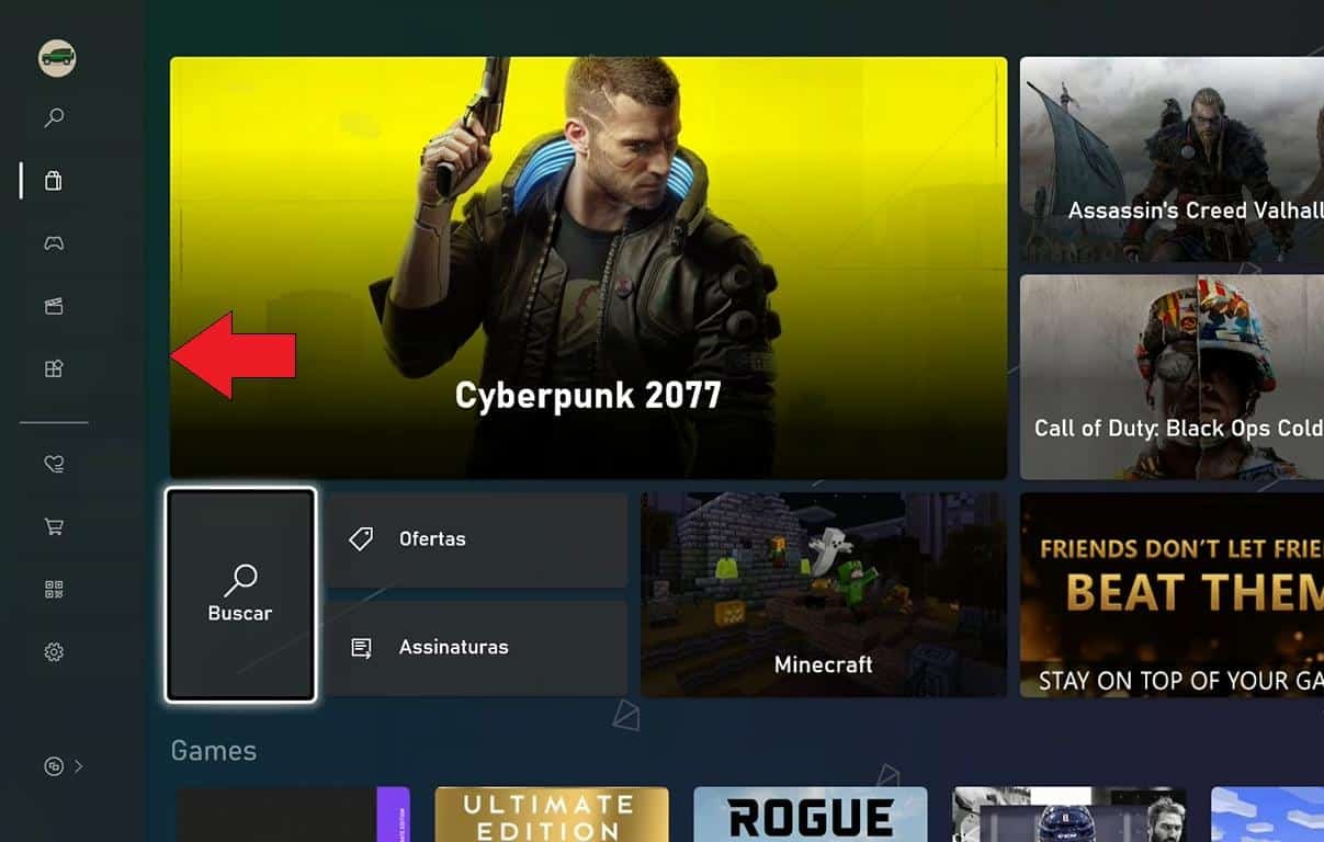 Microsoft Store left-side menu on Xbox highlighting navigation options