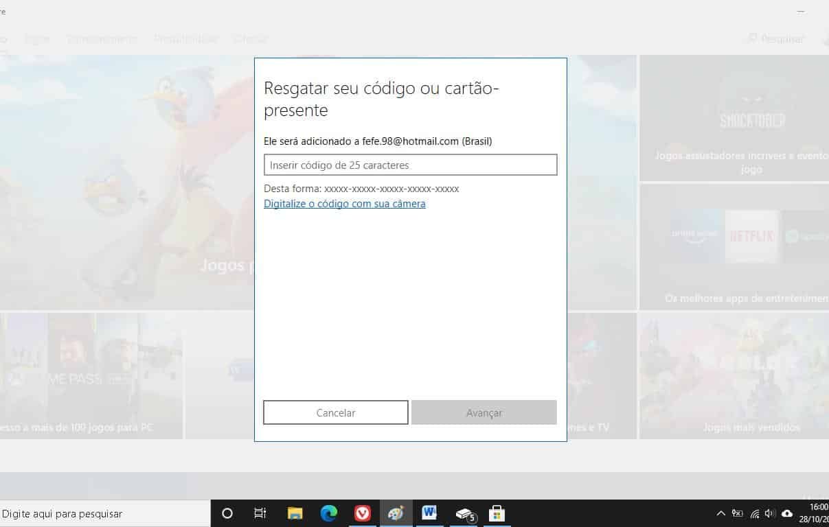 Field in Microsoft Store app to enter or scan the 25-character code