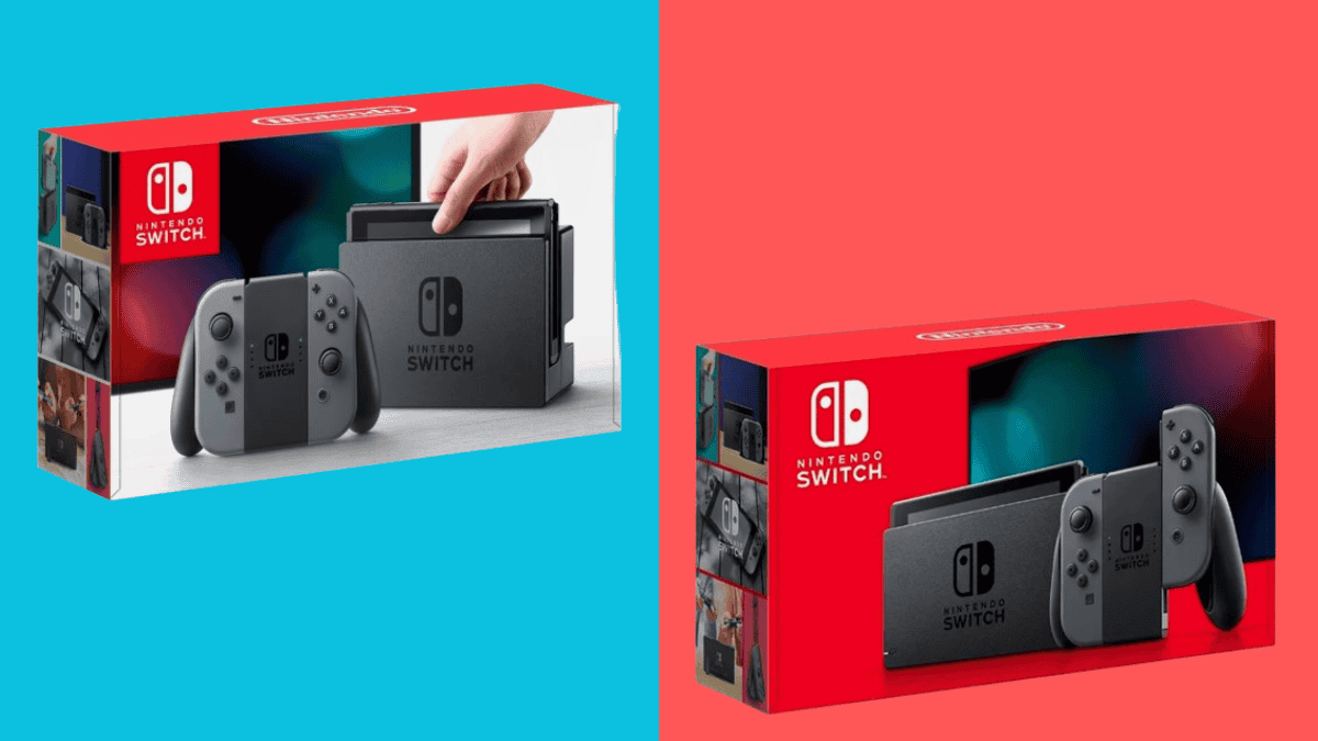 Two Nintendo Switch boxes side by side, one white-fronted and one fully red