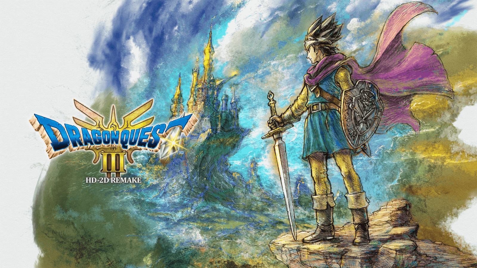 Cover art of Dragon Quest III HD-2D Remake: armored knight atop a mountain looking toward a distant castle
