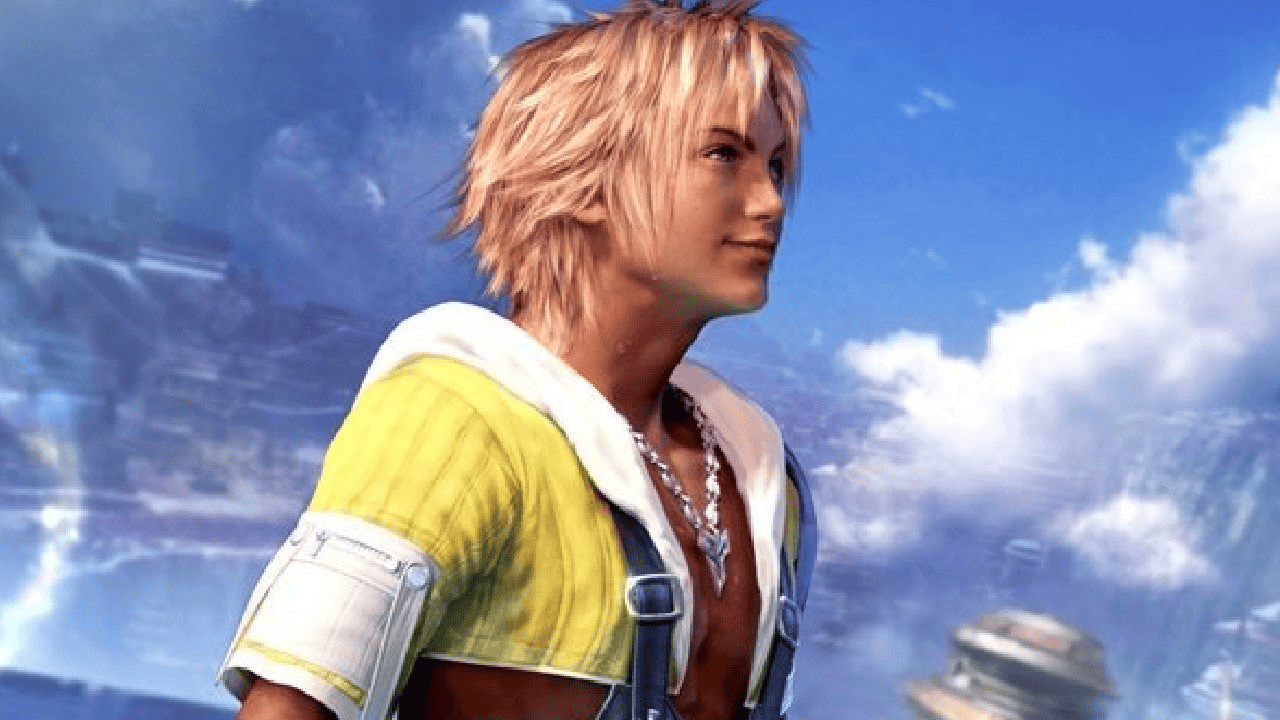 In-game scene from Final Fantasy X featuring a spiky-haired blond character in 2D perspective