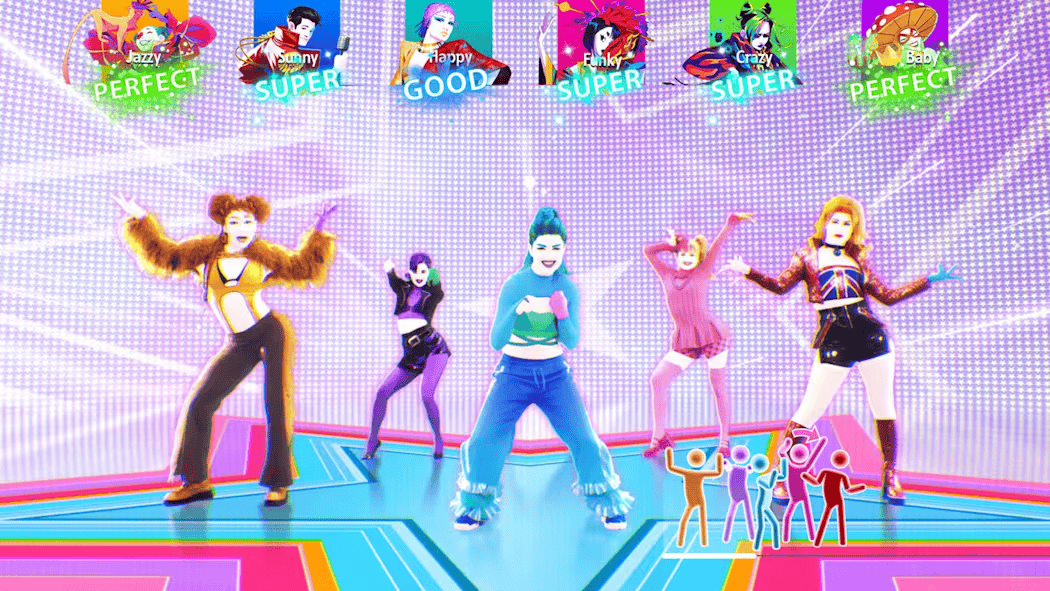 Five coaches performing Wannabe routine