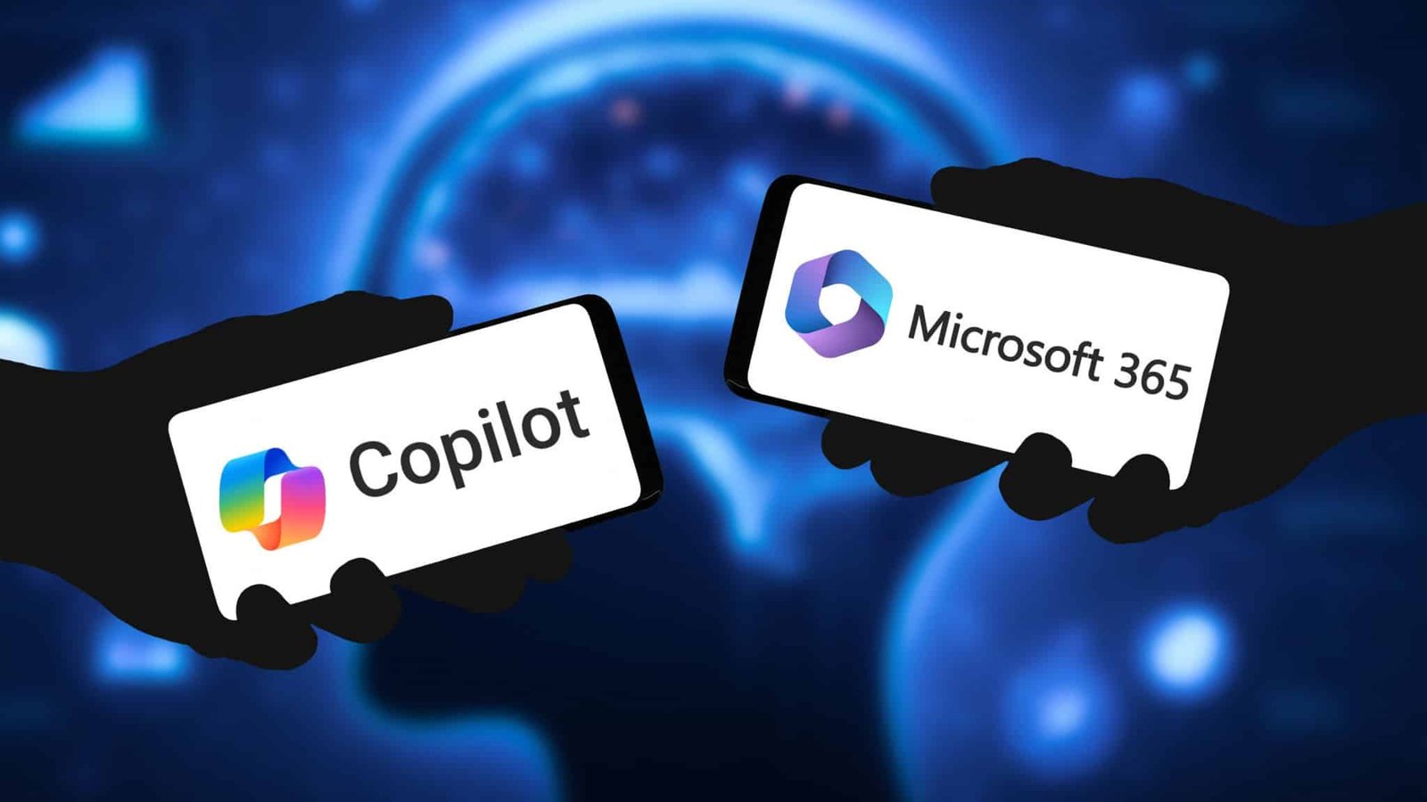 Hands holding phones showing Copilot and Microsoft 365 icons