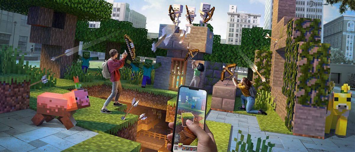 Augmented-reality scene from the mobile game Minecraft Earth