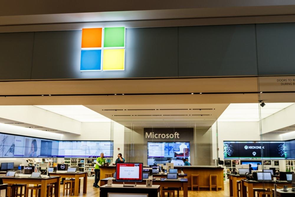 Microsoft storefront logo on a retail facade